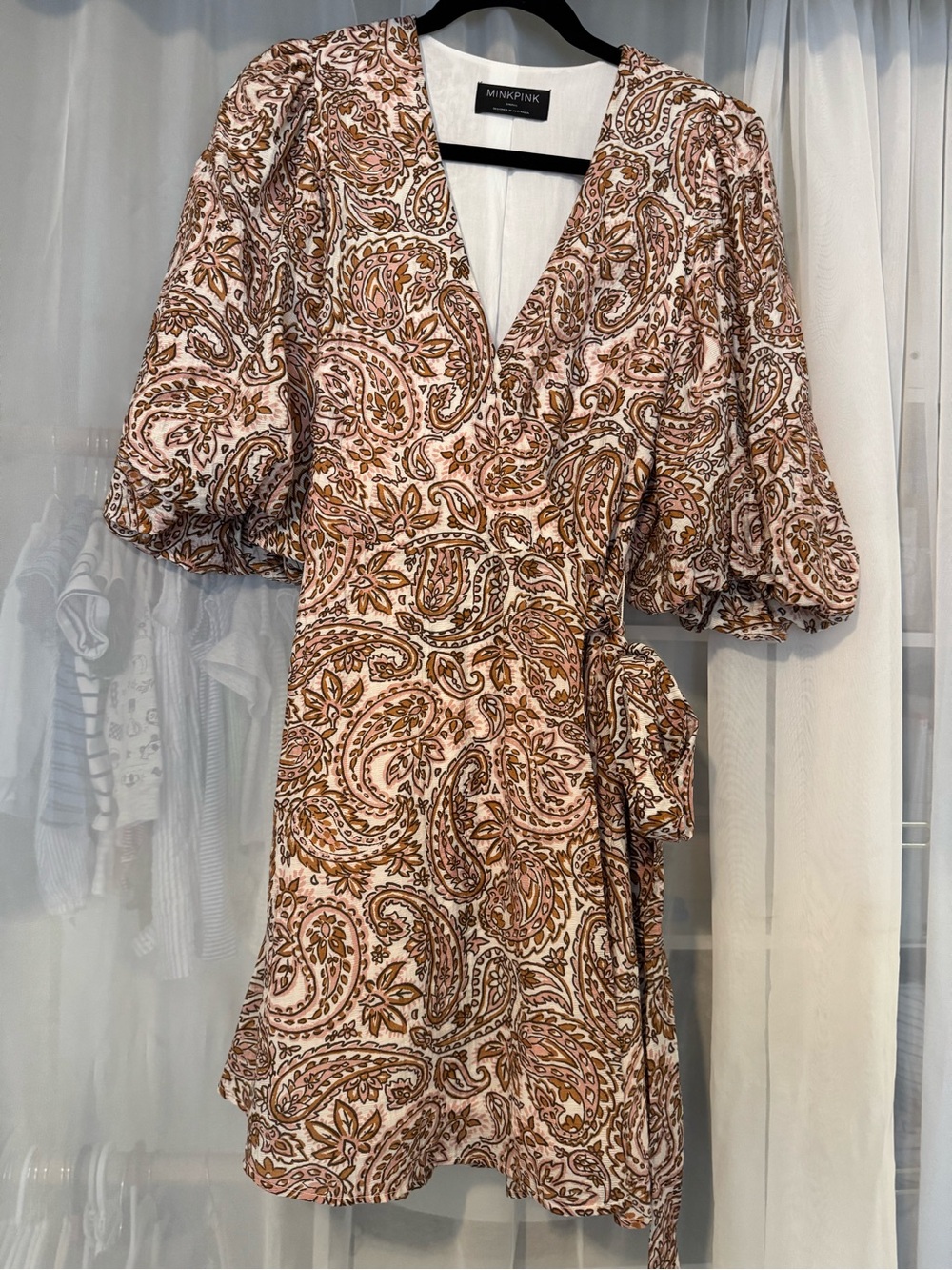MINKPINK Paisley Puff-Sleeve Wrap Mini Dress in Pink & Brown